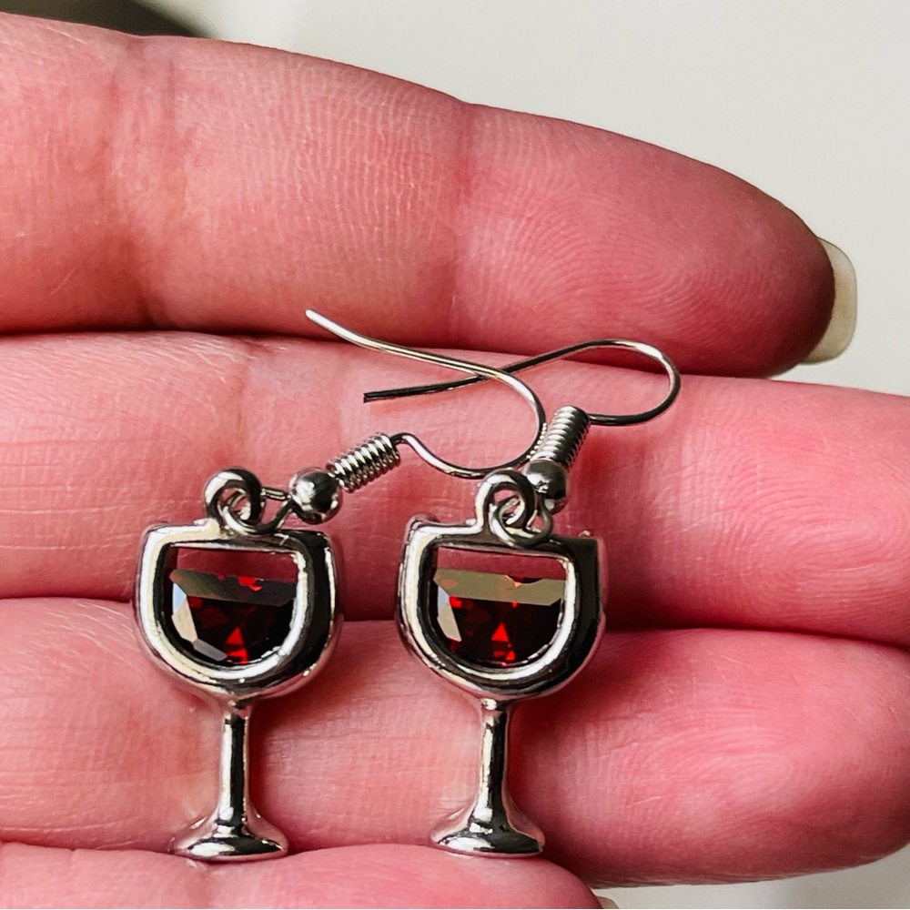 RED WINE EARRINGS Silver Plated With Fish Hook Ear Wires & Red Crystals